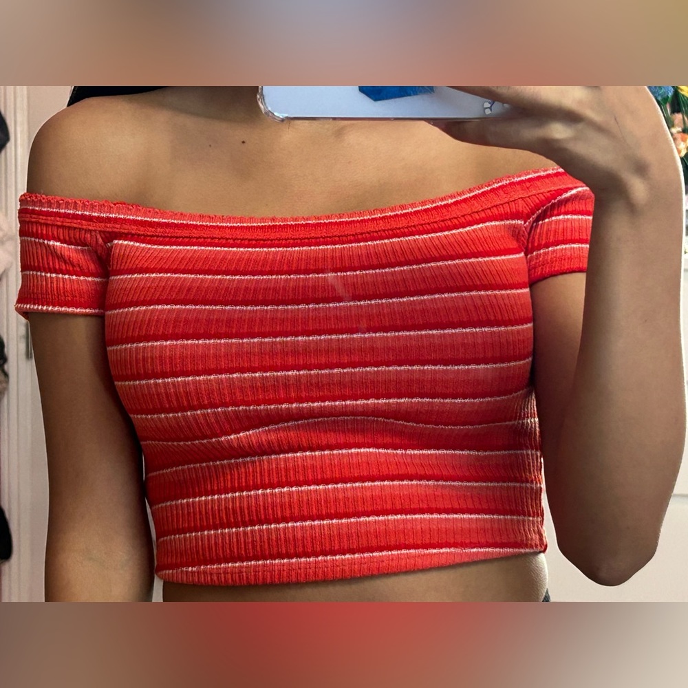 Off the shoulder orange shirt